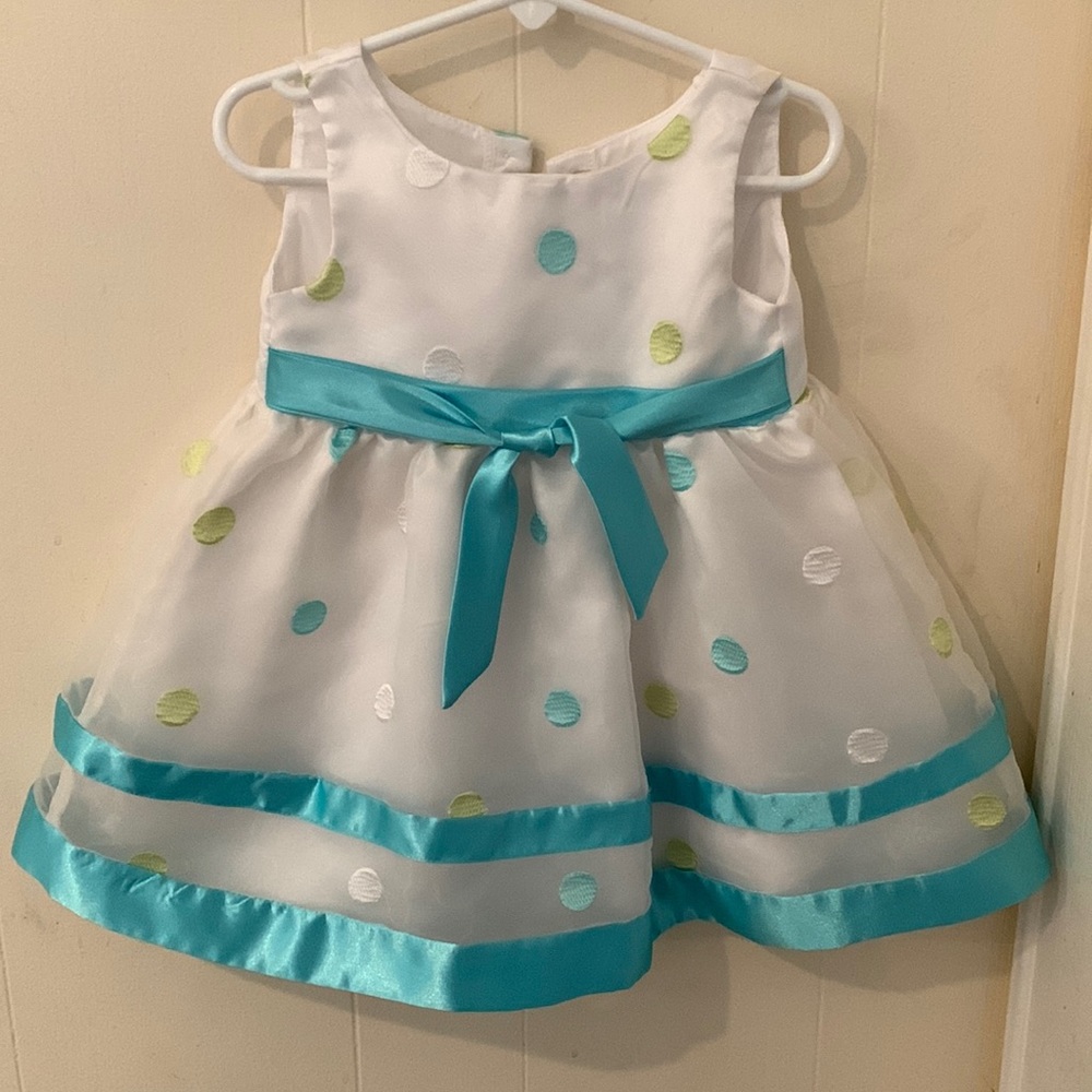 Youngland Dress 2T white with turquoise bow and polka dots